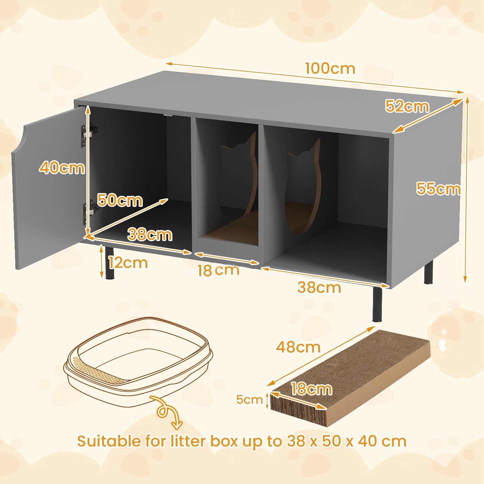 Cat Litter Box Enclosure with Storage and Removable Scratching Board-Grey