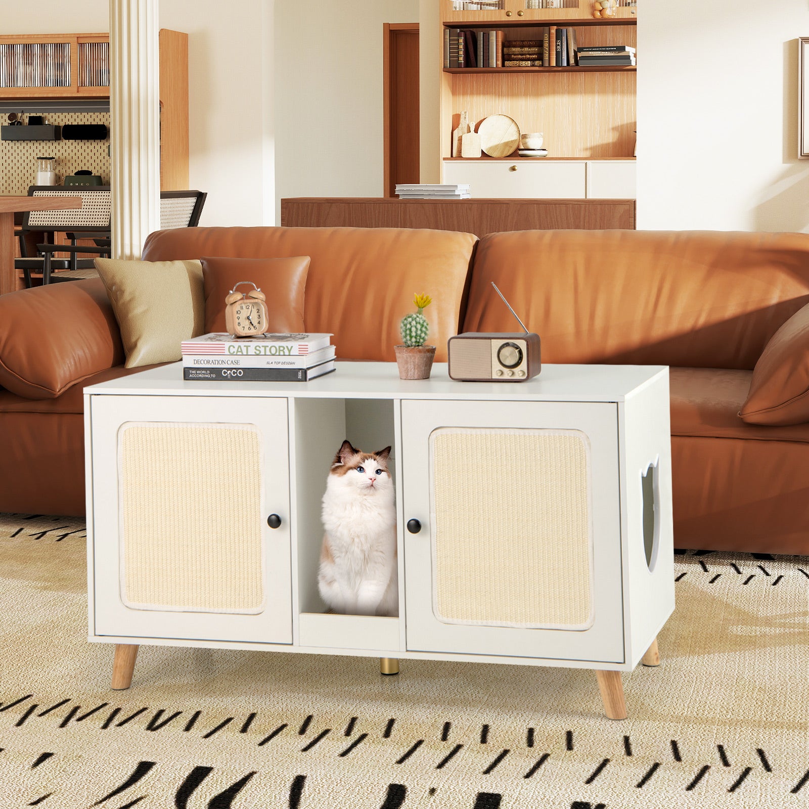Cat Litter Box Enclosure for 2 Cats Hidden Cat Washroom Furniture-White