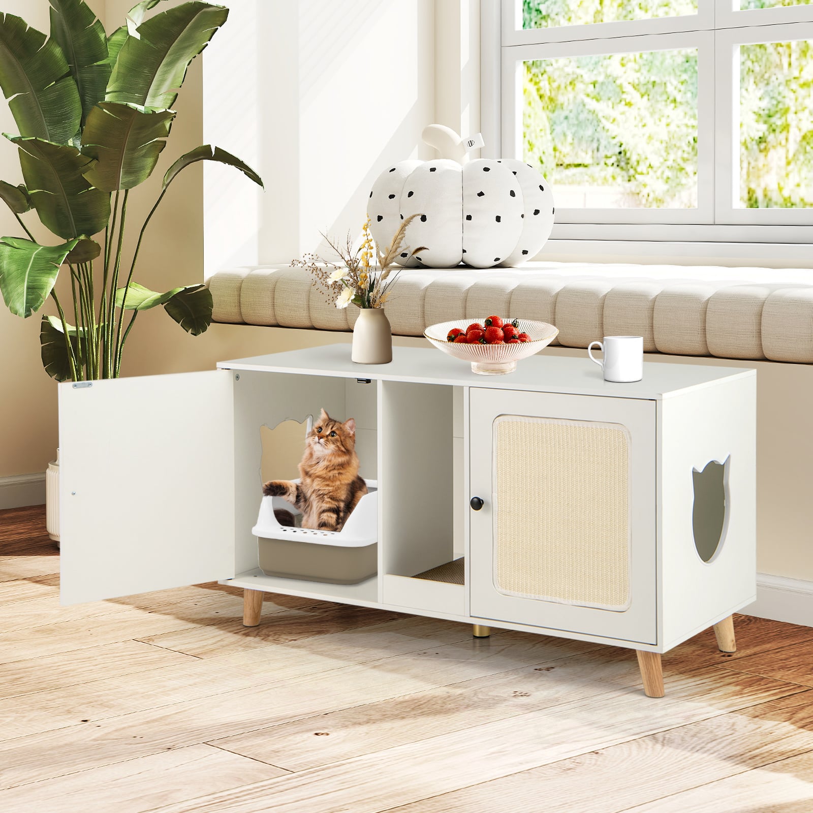 Cat Litter Box Enclosure for 2 Cats Hidden Cat Washroom Furniture-White