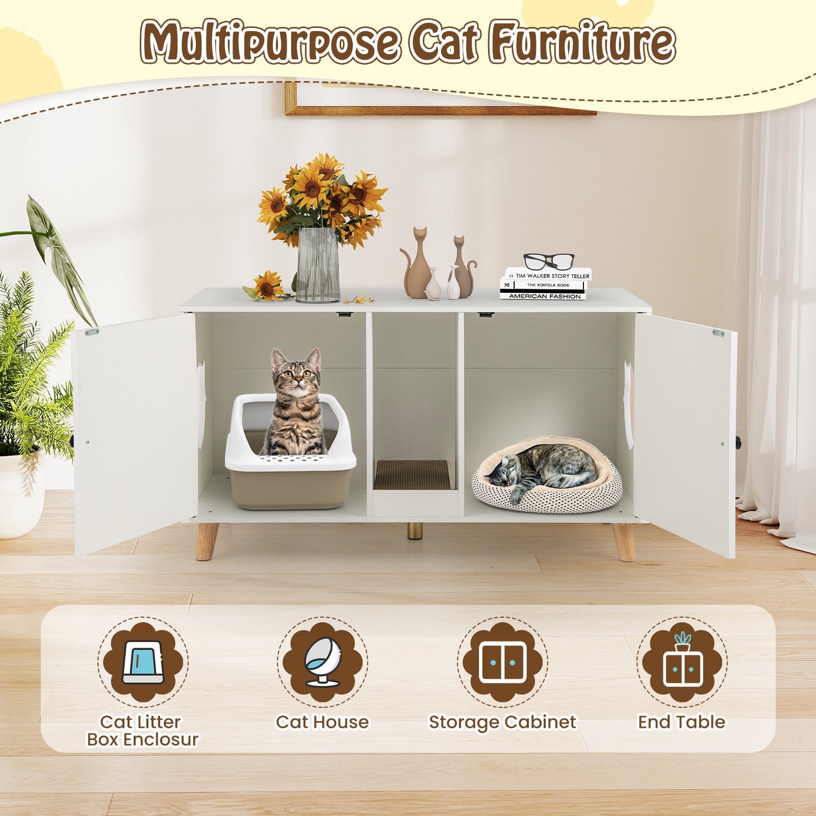 Cat Litter Box Enclosure for 2 Cats Hidden Cat Washroom Furniture-White