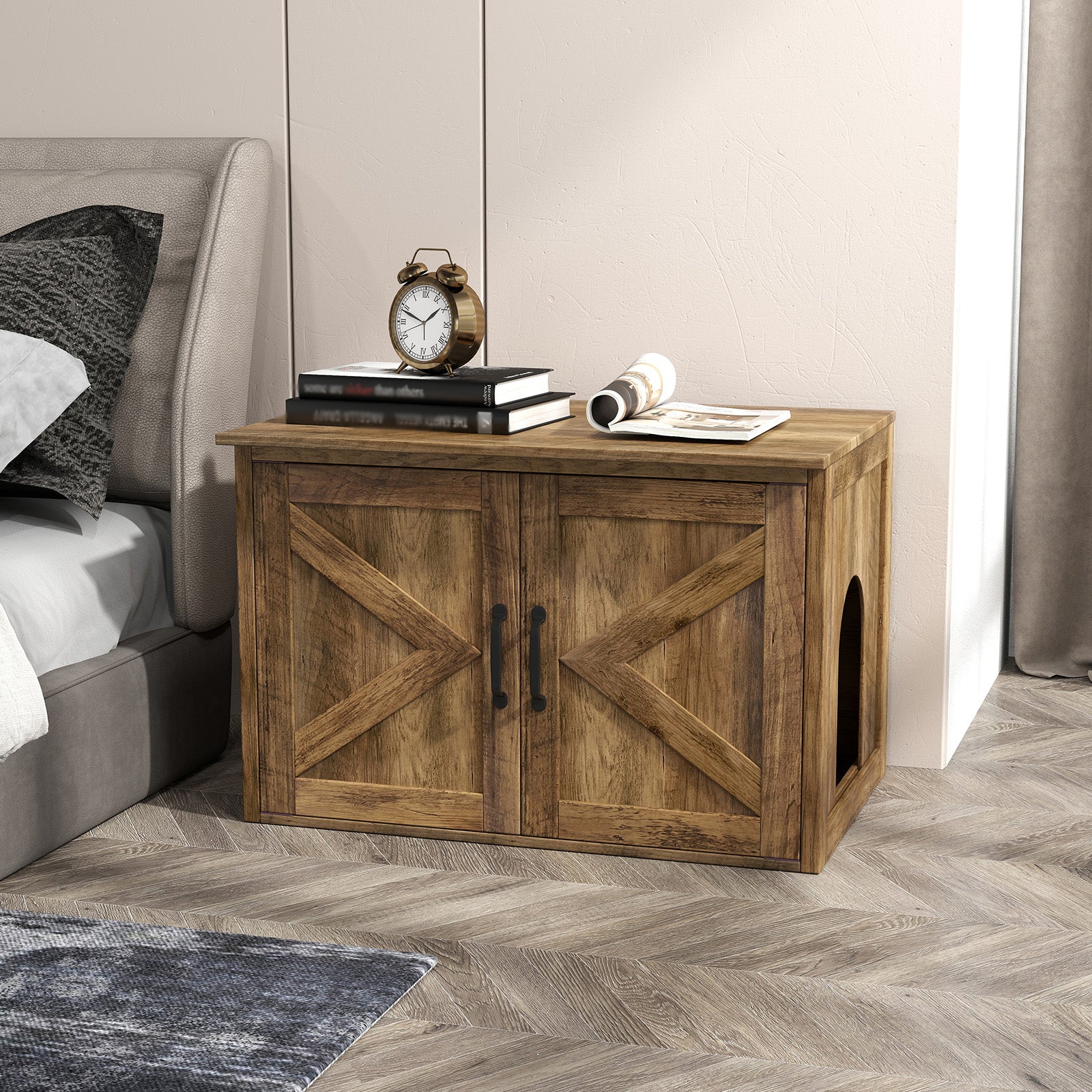 Cat Litter Box Enclosure with Countertop and Storage Cabinet-Oak