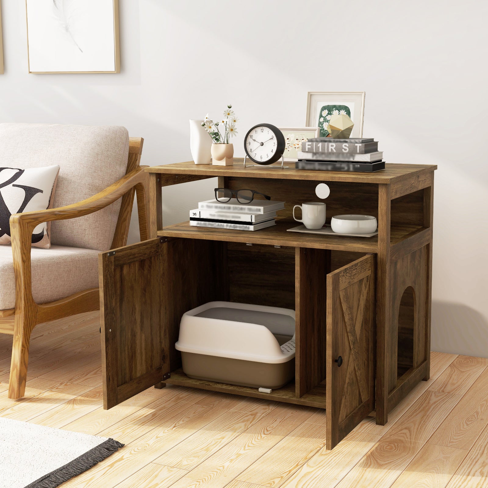 Cat Litter Box Enclosure with Doors and Side Entrance-Oak
