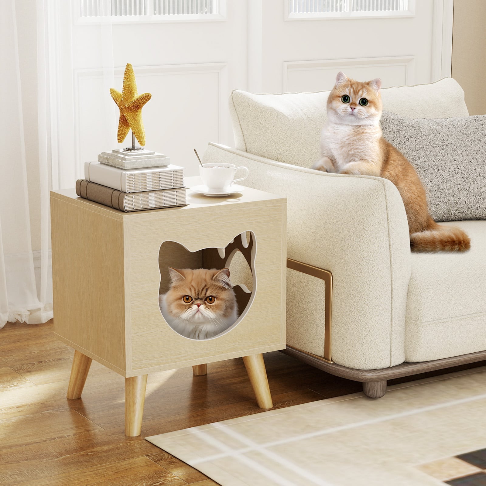 Cat Litter Box Enclosure with Rubber Wood Legs and Detachable Top