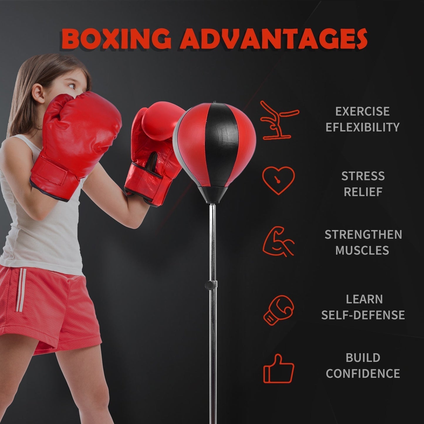 HOMCOM Training Boxing Punch Ball Set 125-145H x a43cm with Gloves Air Pump, 4-Position Adjustable Height Freestanding Boxing Speed Ball for Teenagers Exercise Training