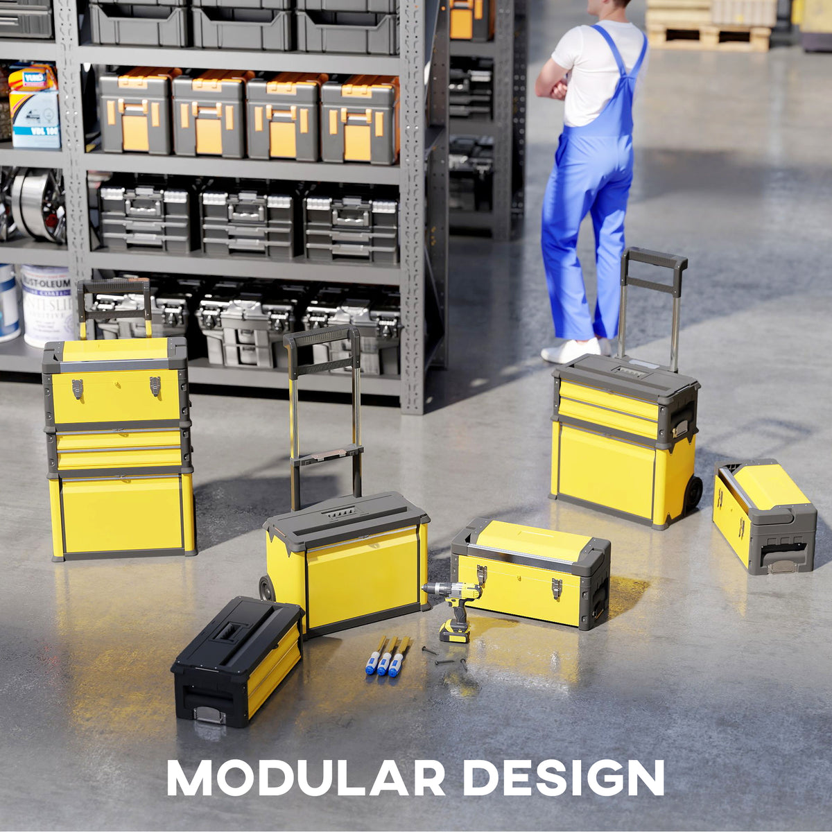 HOMCOM 3-in-1 Stackable Rolling Tool Box in Yellow