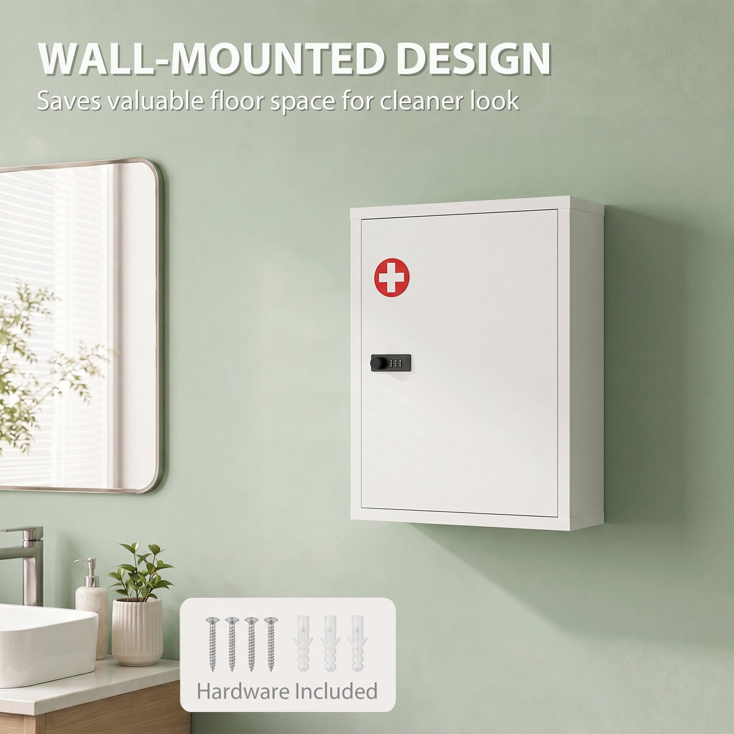 HOMCOM Wall Mount Medicine Cabinet, Bathroom Cabinet with Combination Lock, Door and Storage Shelves, White