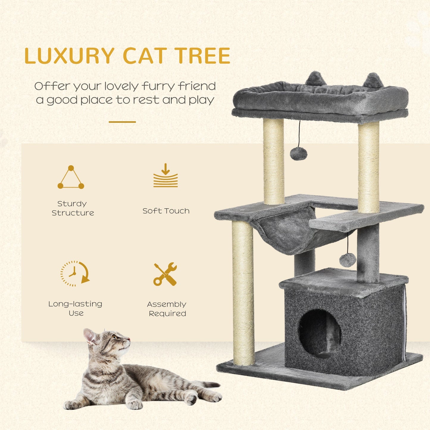 PawHut Cat Tree, 90cm Cat Tower with Sisal Scratching Posts, Cat Condo, Hammock, Top Perch and 2 Hanging Toys for Cats, Grey