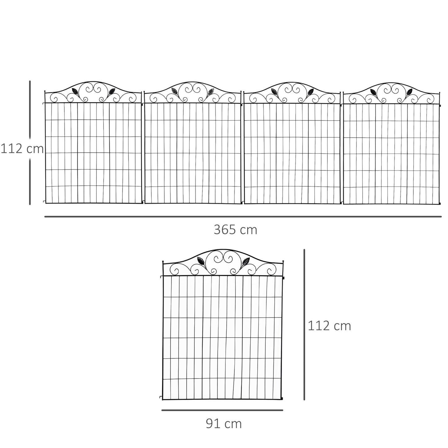Outsunny Set of 2 Decorative Garden Fence, 8 Panels Metal Picket Fence, Versatile Shapes for Patio Lawn, 365cm x 112cm, Black