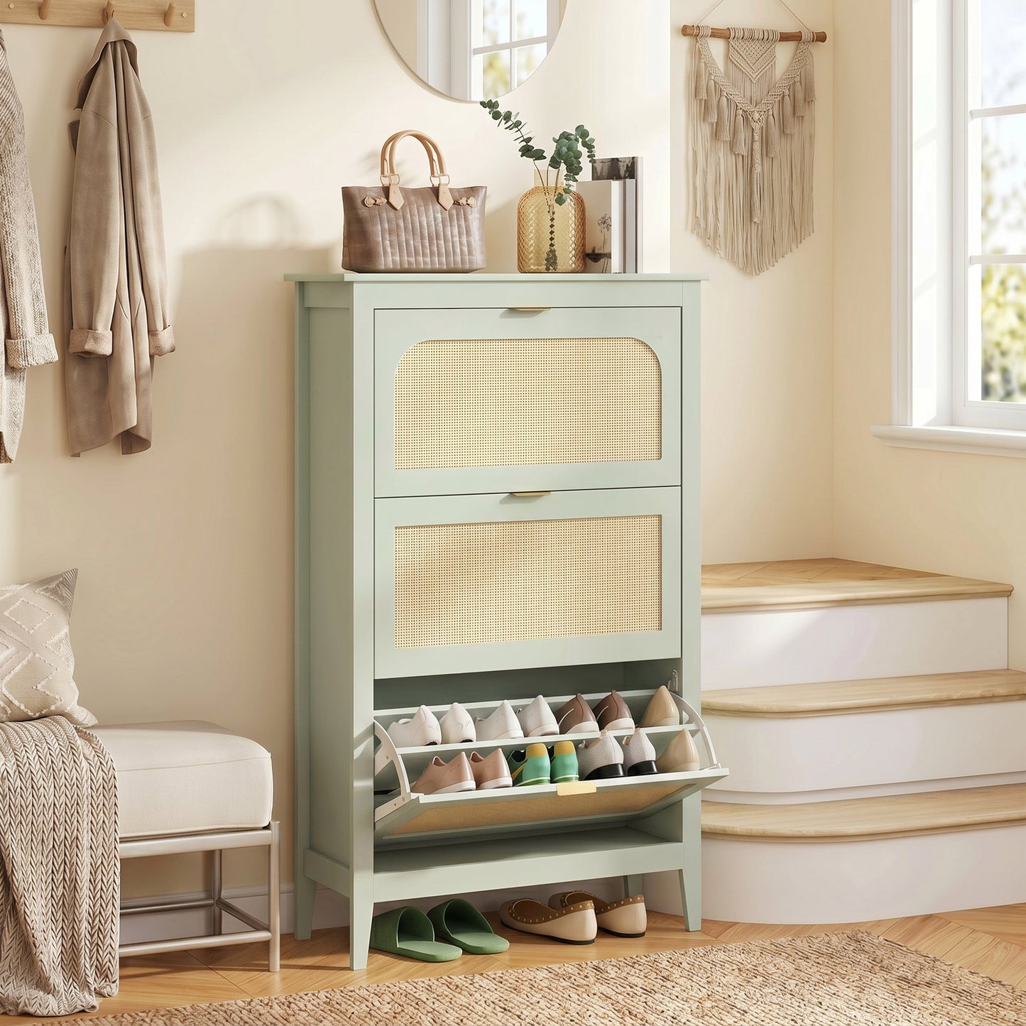 HOMCOM Narrow Shoe Cabinet, Boho Slim Shoe Storage Cabinet with 3 Flip Drawers, Holds 21 Pairs, Light Green