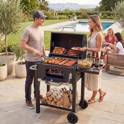 Charcoal Grill with Wheels Portable BBQ Grill with Adjustable Charcoal Tray-Black
