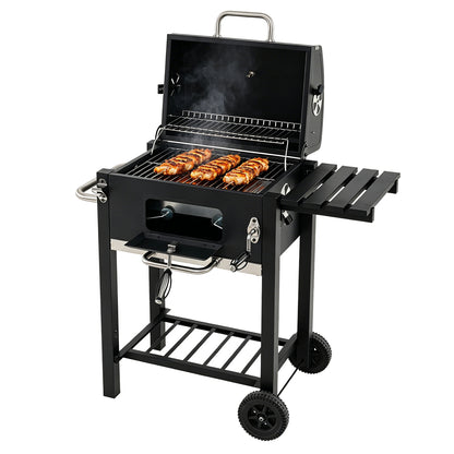 Charcoal Grill with Wheels Portable BBQ Grill with Adjustable Charcoal Tray-Black