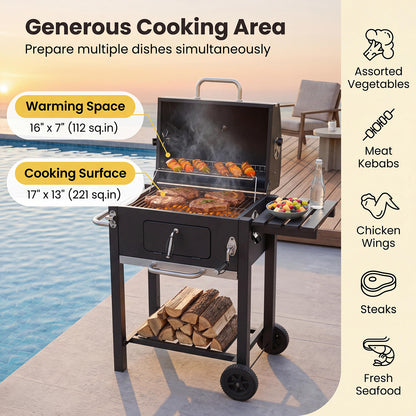 Charcoal Grill with Wheels Portable BBQ Grill with Adjustable Charcoal Tray-Black