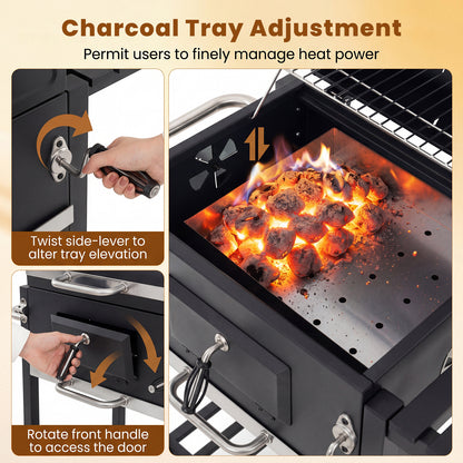 Charcoal Grill with Wheels Portable BBQ Grill with Adjustable Charcoal Tray-Black