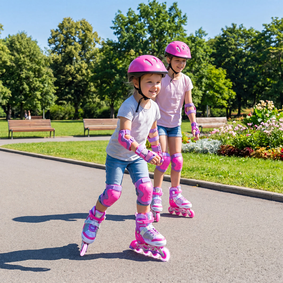 Two girls wearing pink protective gear and children roller blades on a path