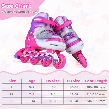 Size chart for children roller blades showing sizes S and L