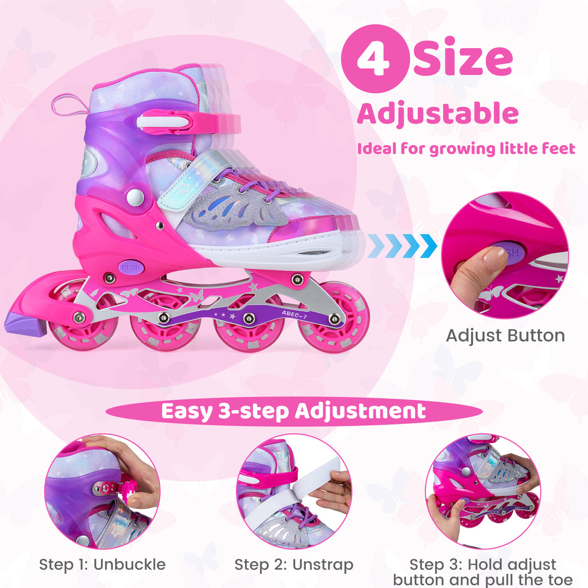 Diagram showing how to adjust the size of the children roller blades