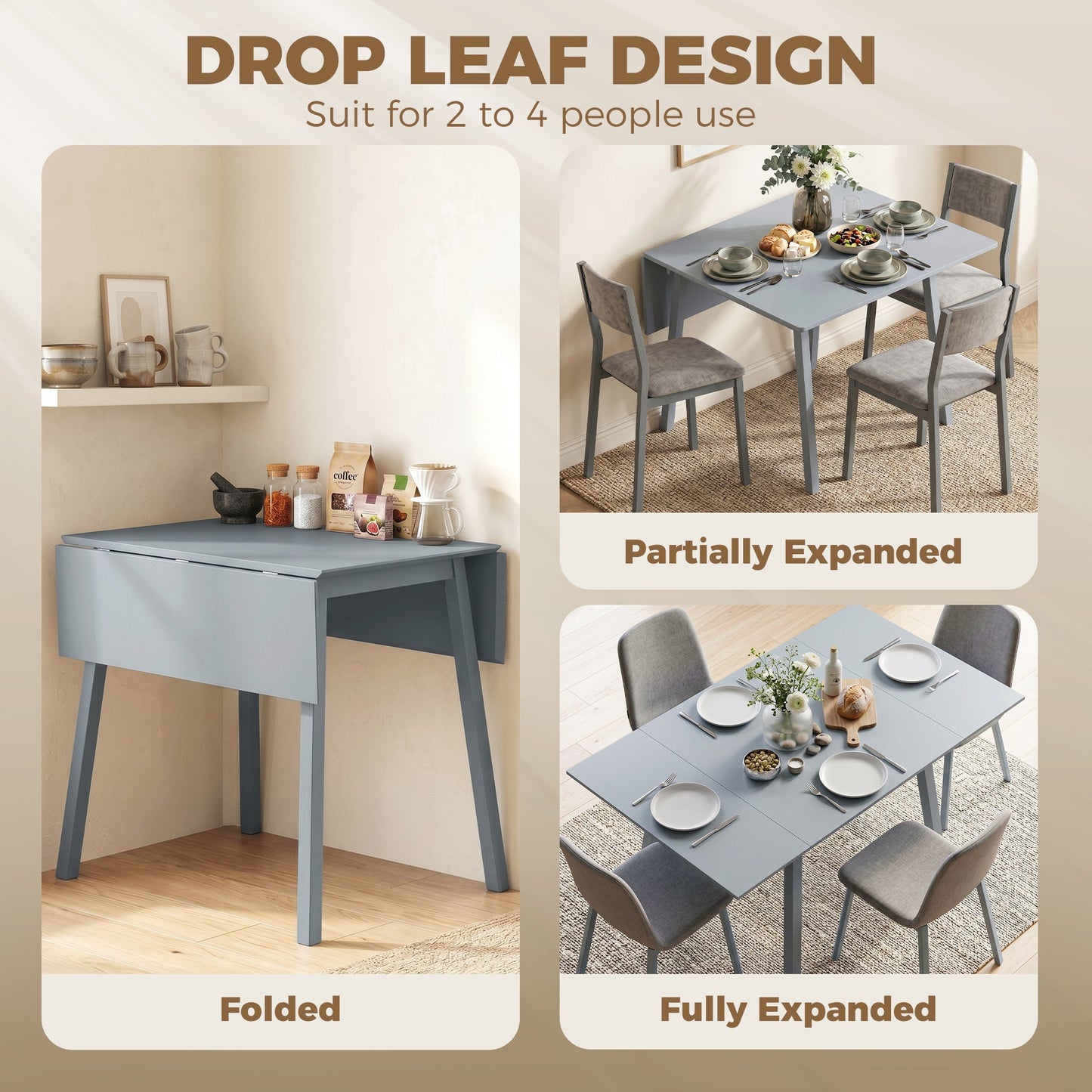 HOMCOM Solid Wood Folding Dining Table, Drop Leaf Table for 2-4 People,  Rectangle Kitchen Table