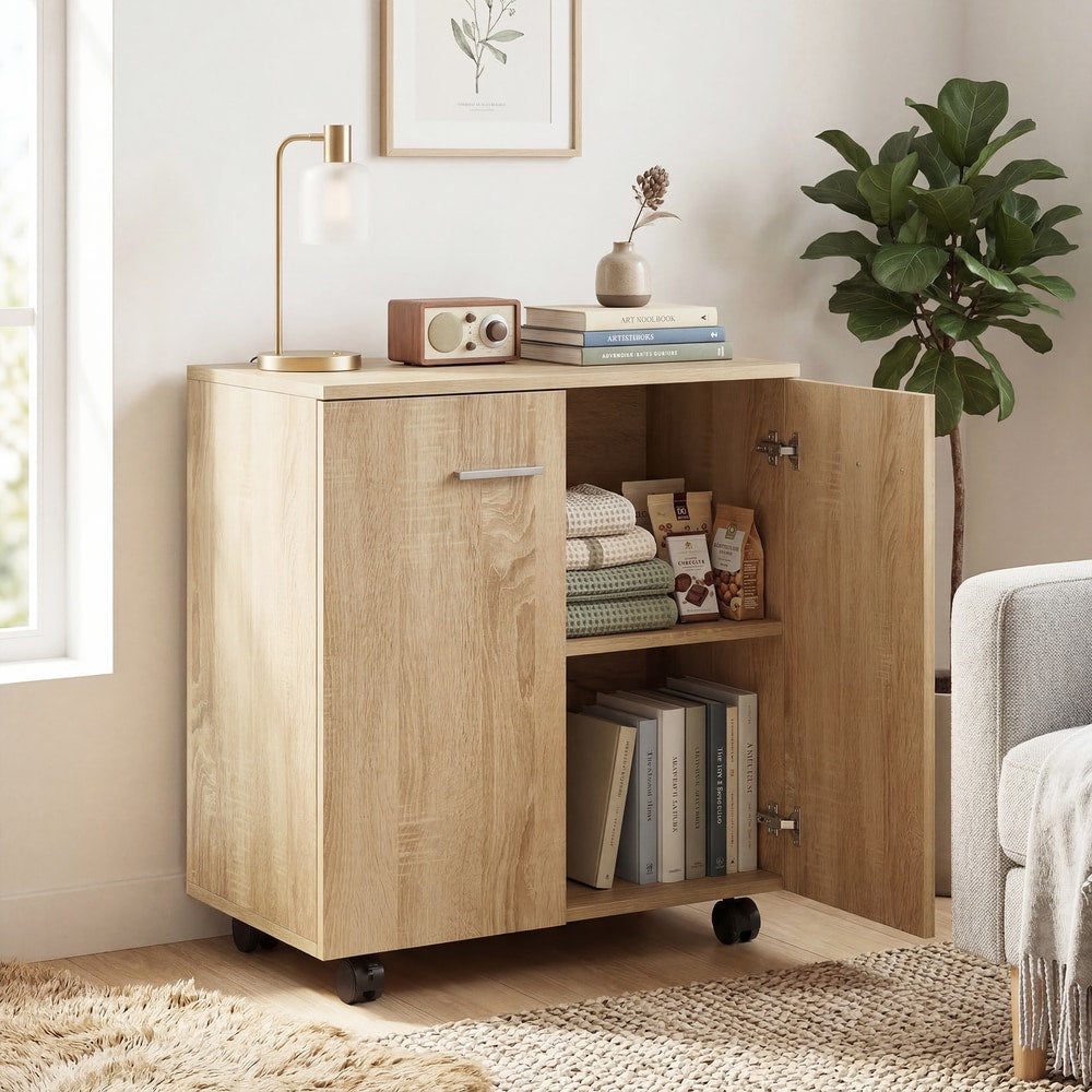 HOMCOM Mobile Sideboard Cabinet with 2 Doors and Internal Shelves for Living Room, Bedroom, 60L x 35W x 65H cm, Natural Wood