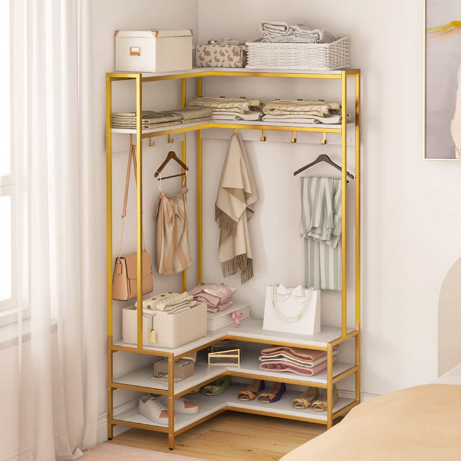 L-shaped Clothes Corner Garment Rack with Open Shelves and 7 Hooks-White