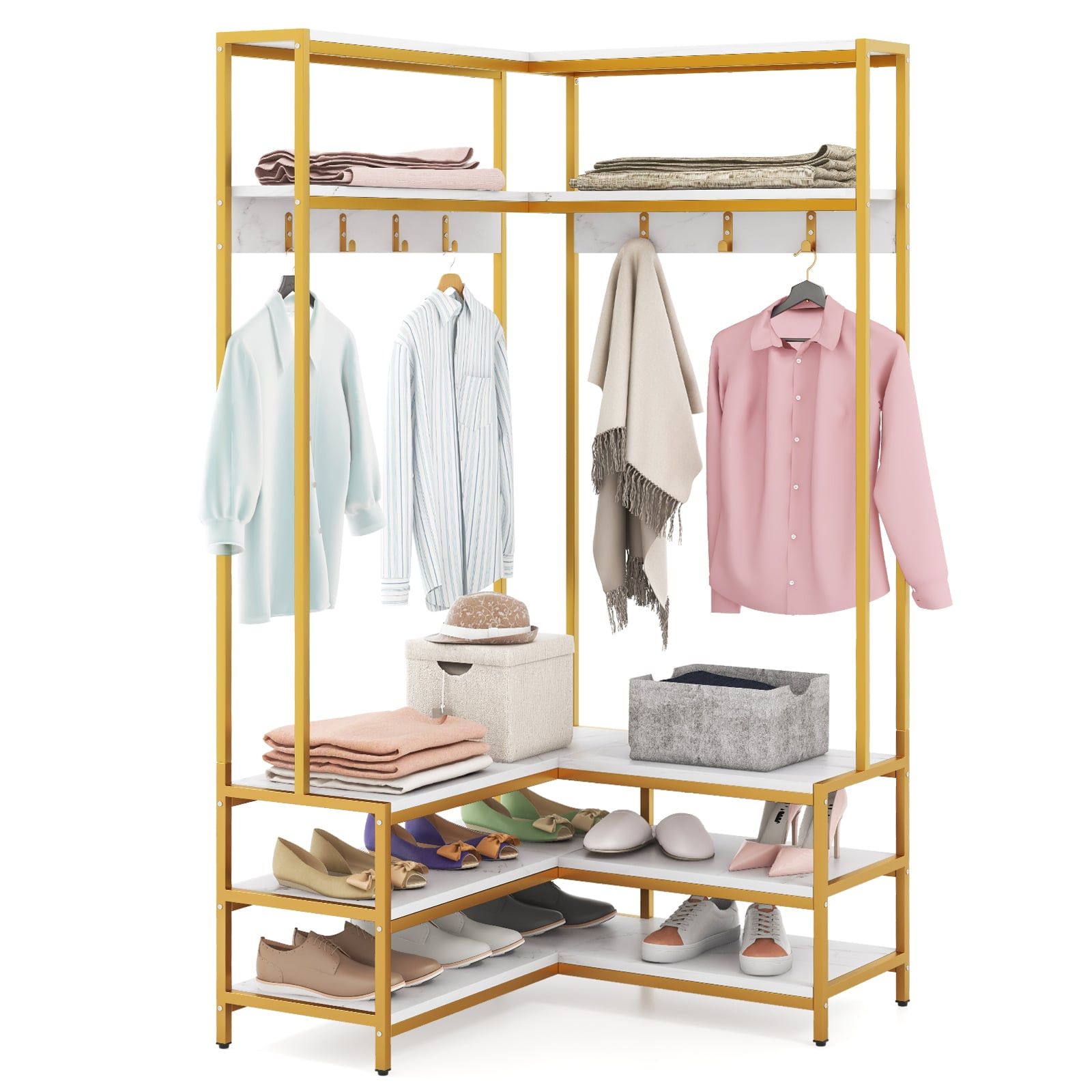 L-shaped Clothes Corner Garment Rack with Open Shelves and 7 Hooks-White