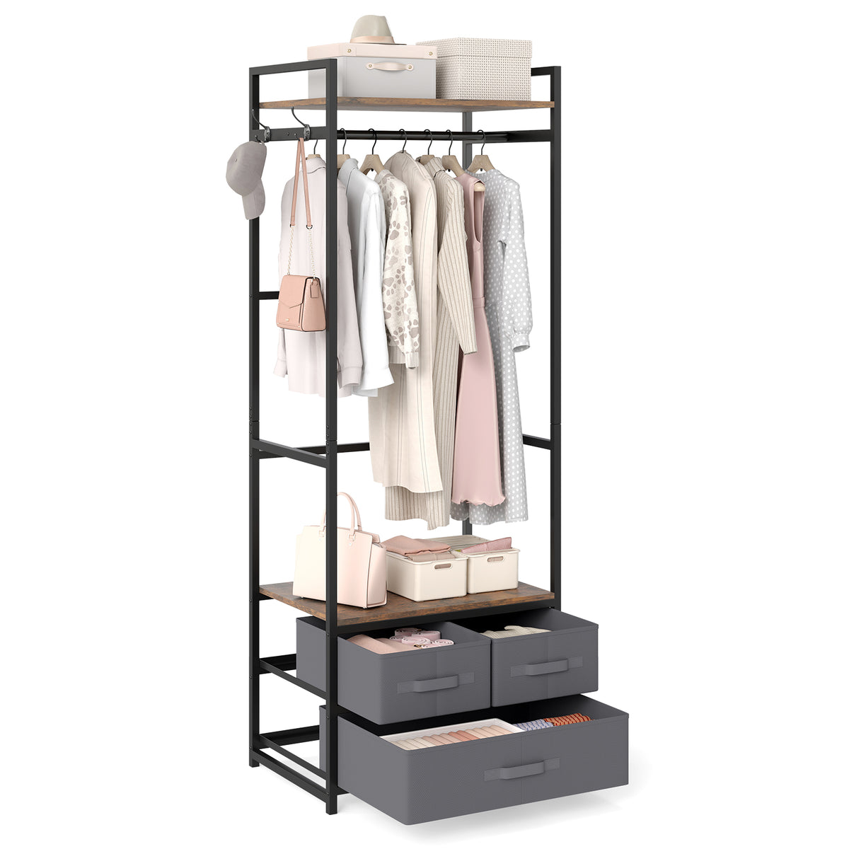 Clothes Rack with Drawers and Shelves for Entryway and Bedroom-Rustic Brown