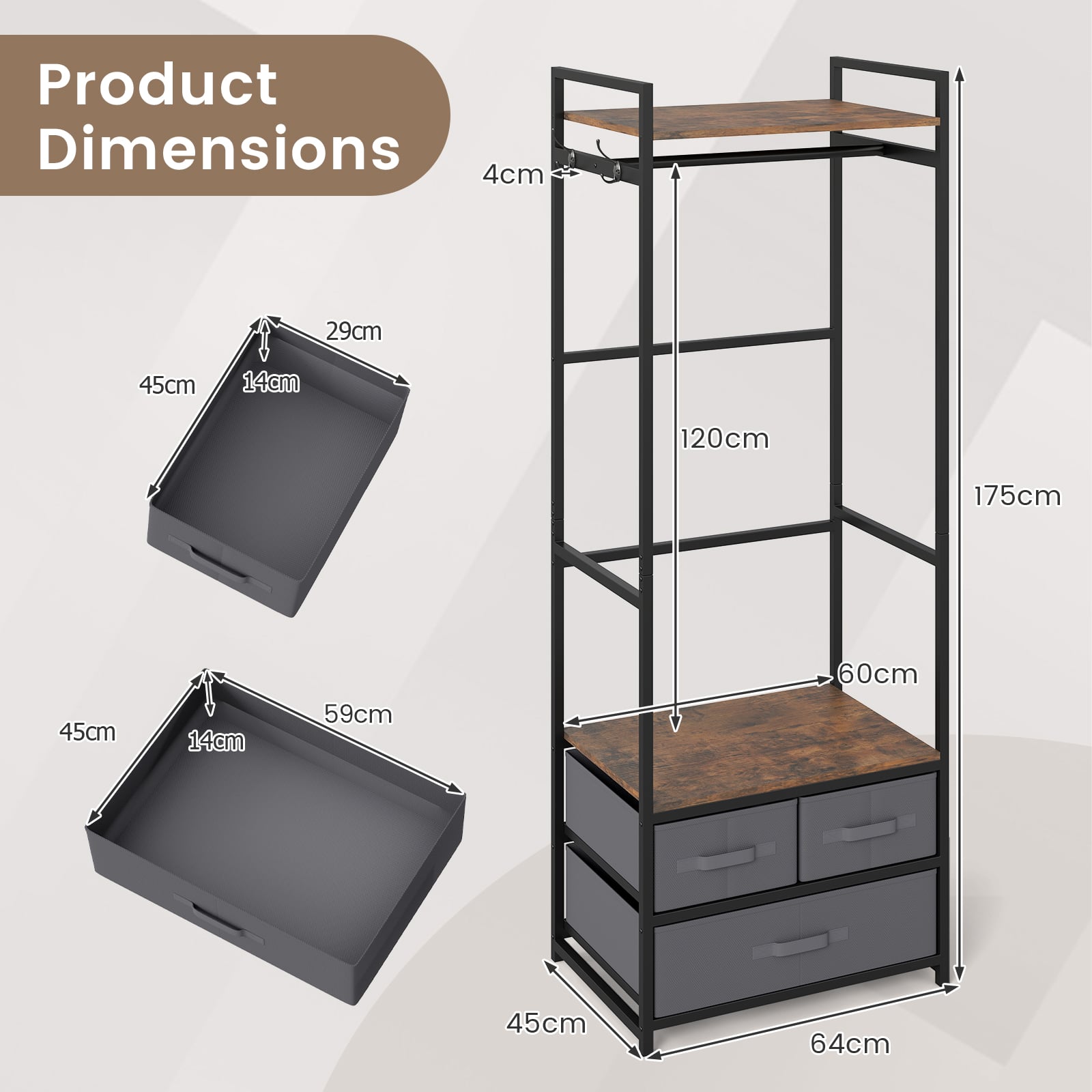 Clothes Rack with Drawers and Shelves for Entryway and Bedroom-Rustic Brown