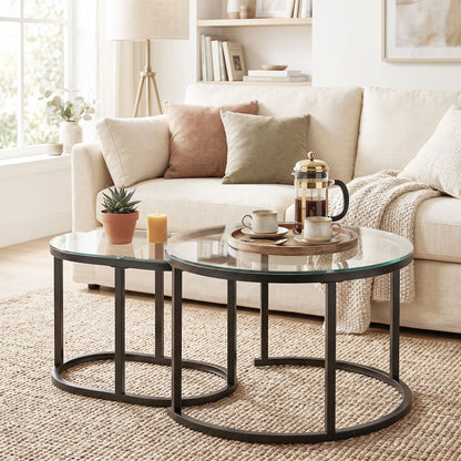 HOMCOM Nest of Tables with Steel Frame and Tempered Glass Tabletop, Modern Coffee Table Set of 2, Black