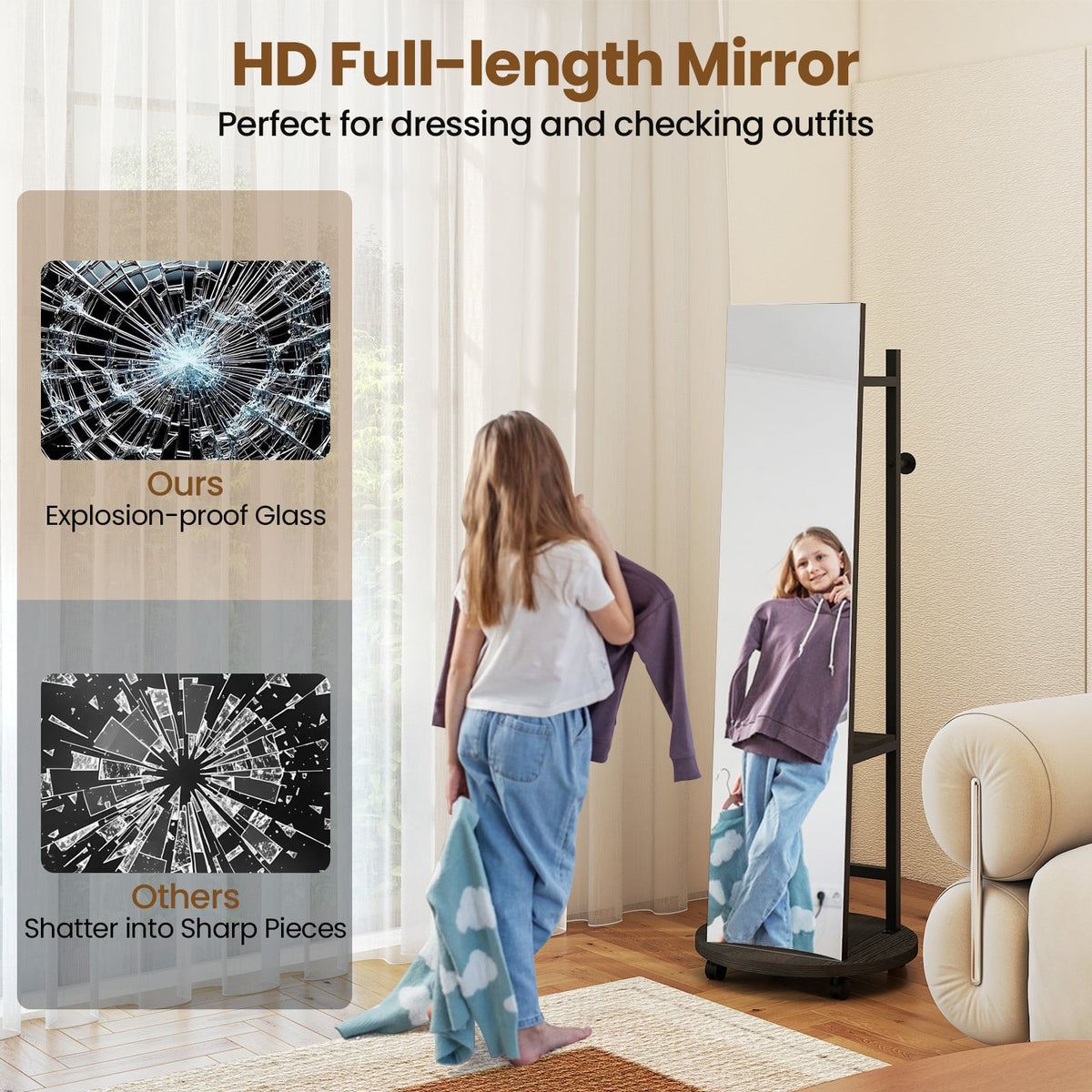 Coat Rack with Full Length Mirror Freestanding Coat Tree with 3 Hooks-Black