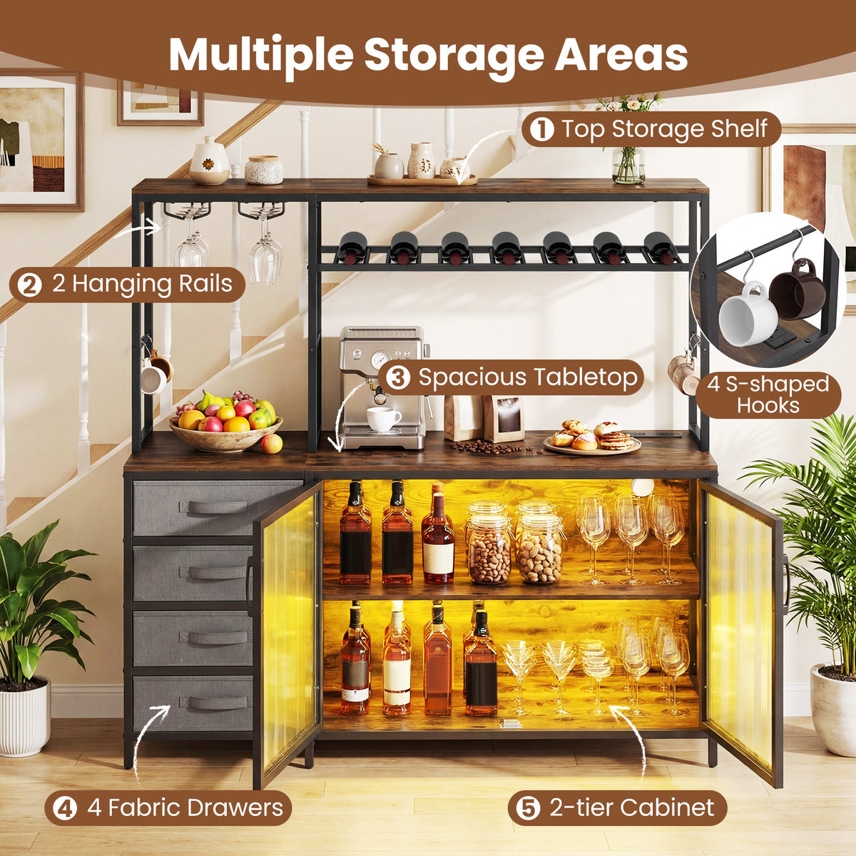 Coffee Bar Cabinet with LED Lights Charging Station-Rustic Brown