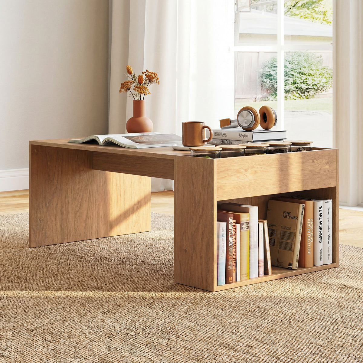Coffee Table 85cm Coffee Table with Double-Layer Storage Space-Natural