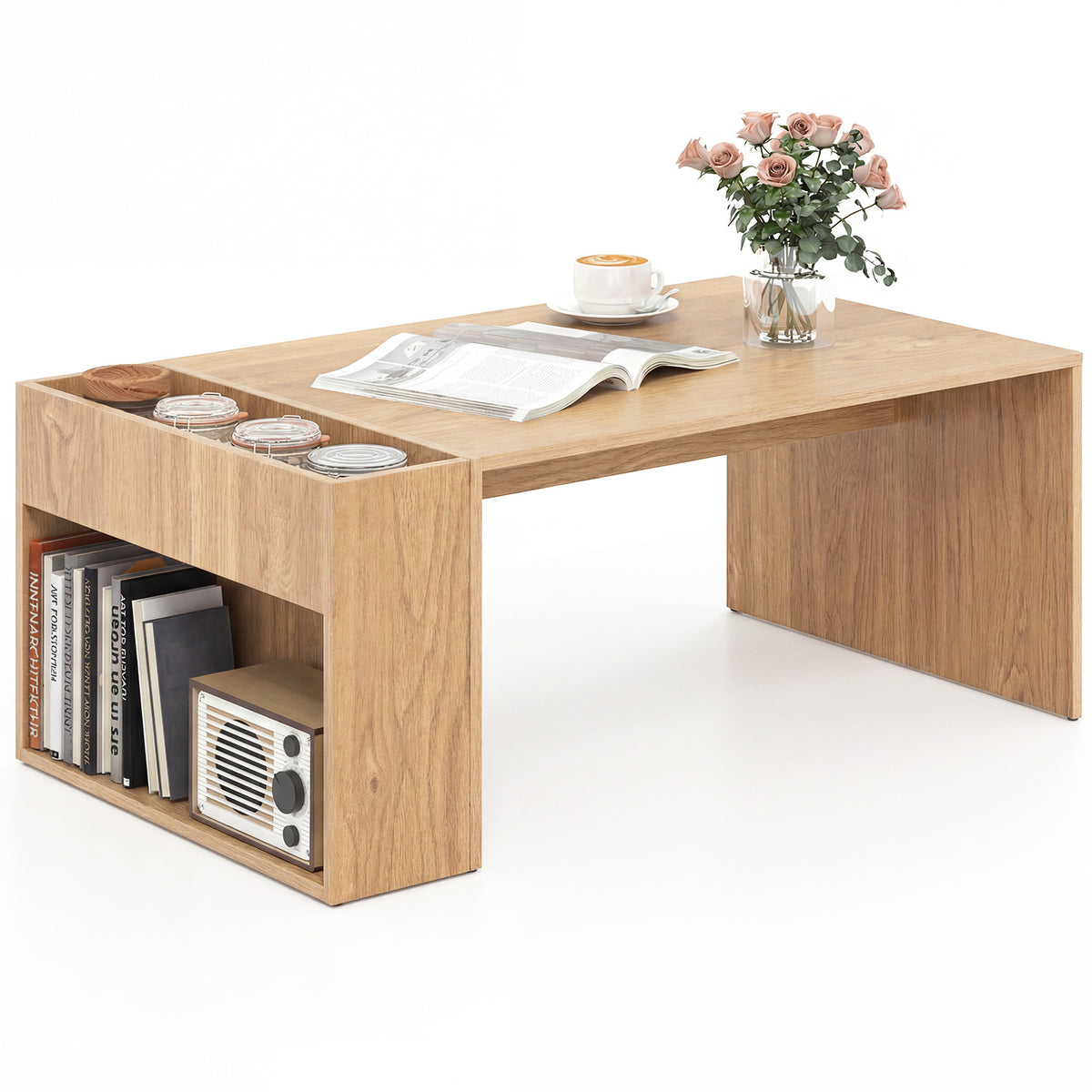 Coffee Table 85cm Coffee Table with Double-Layer Storage Space-Natural