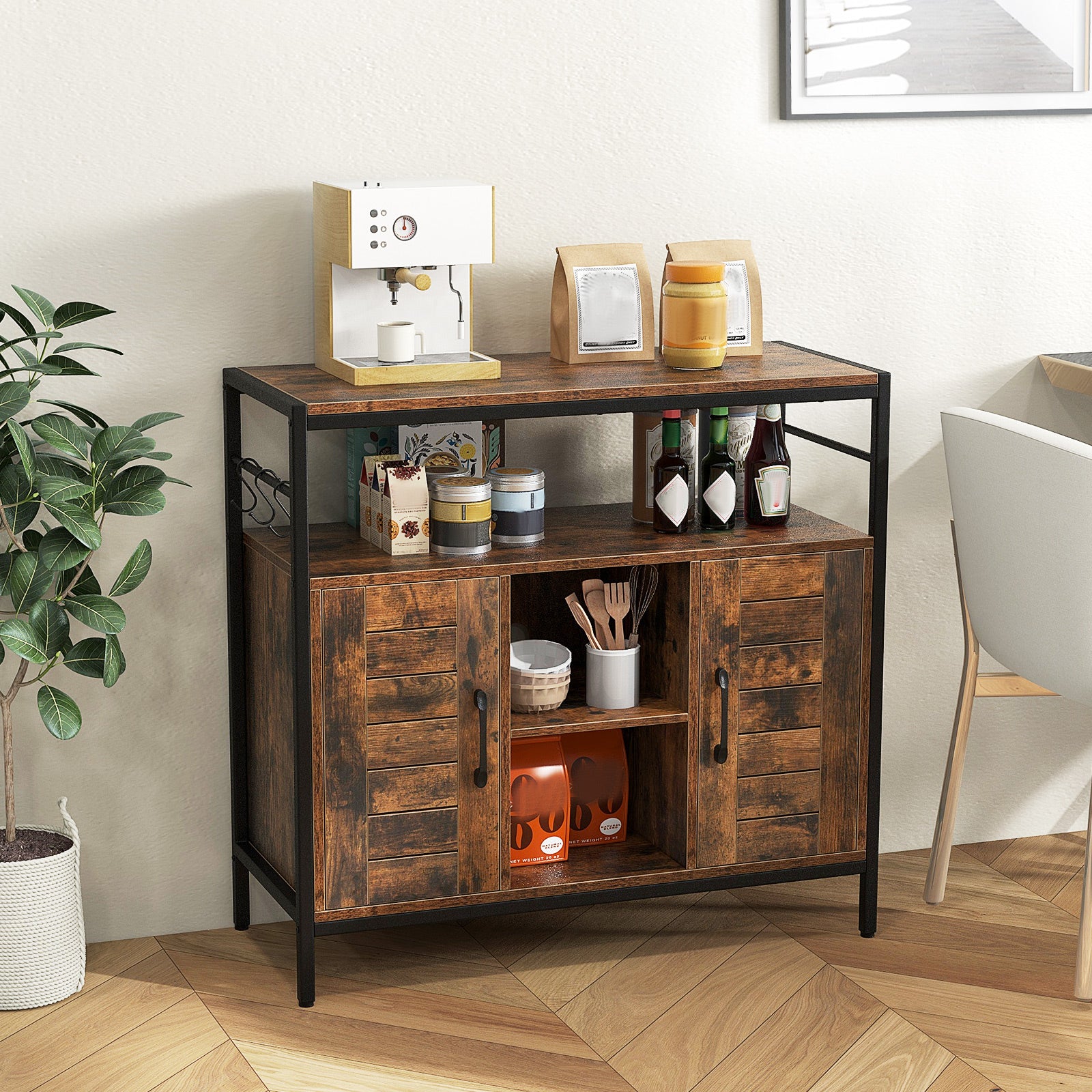 Buffet Coffee Bar Industrial Sideboard Cabinet with 2 Doors Open Compartments for Kitchen-Rustic Brown