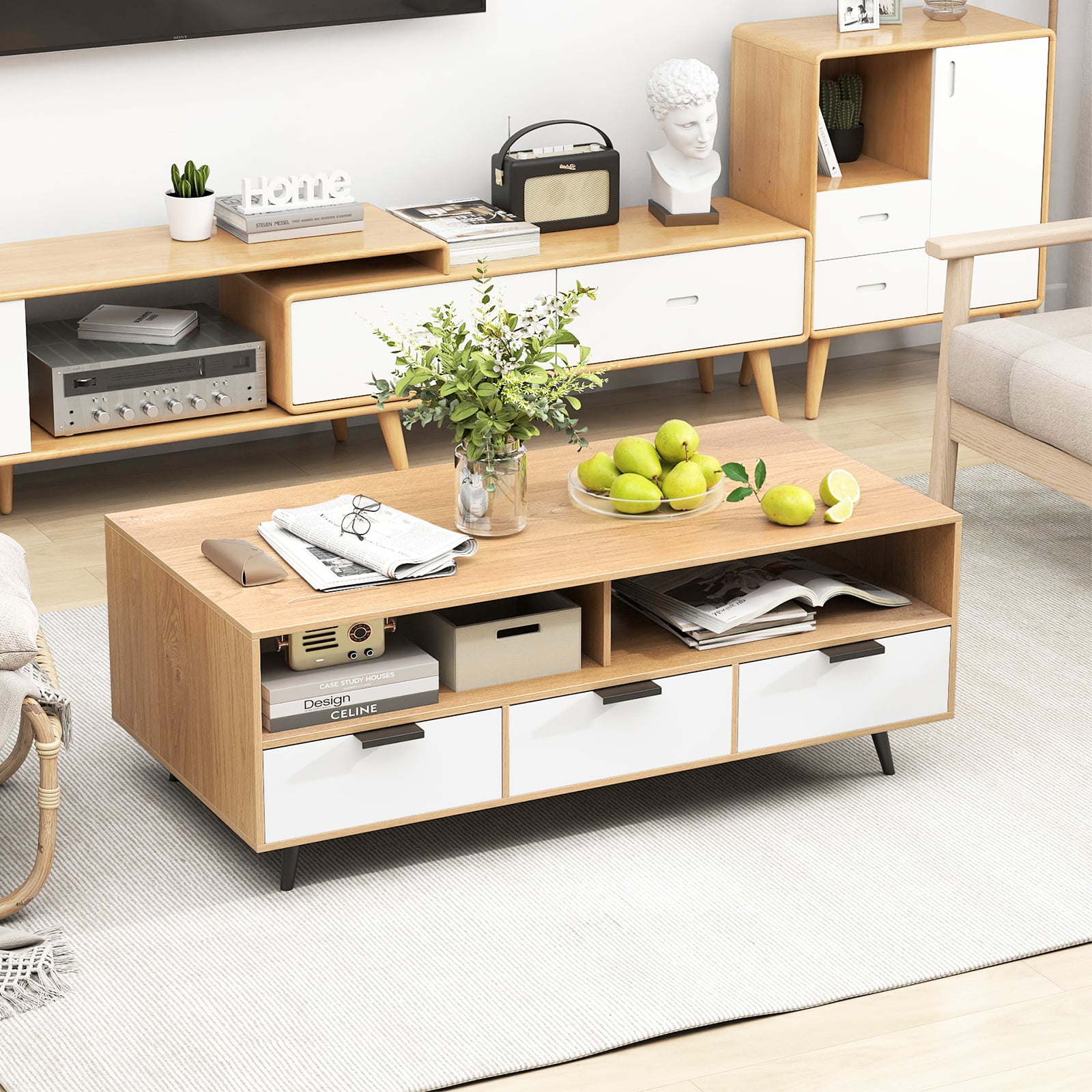 Coffee Table with Storage 47 Inch Center Table with 2 Open Compartments-Natural