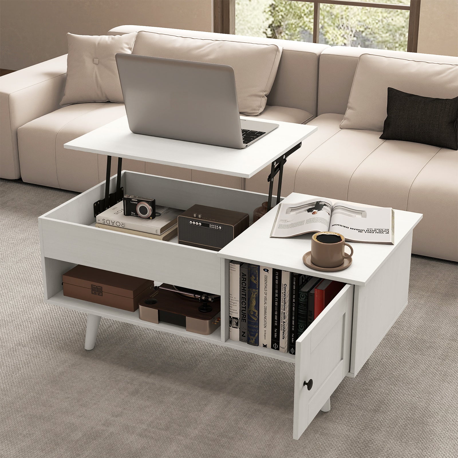 Lift Top Coffee Table with Storage Living Room Table with Hidden Compartment-White