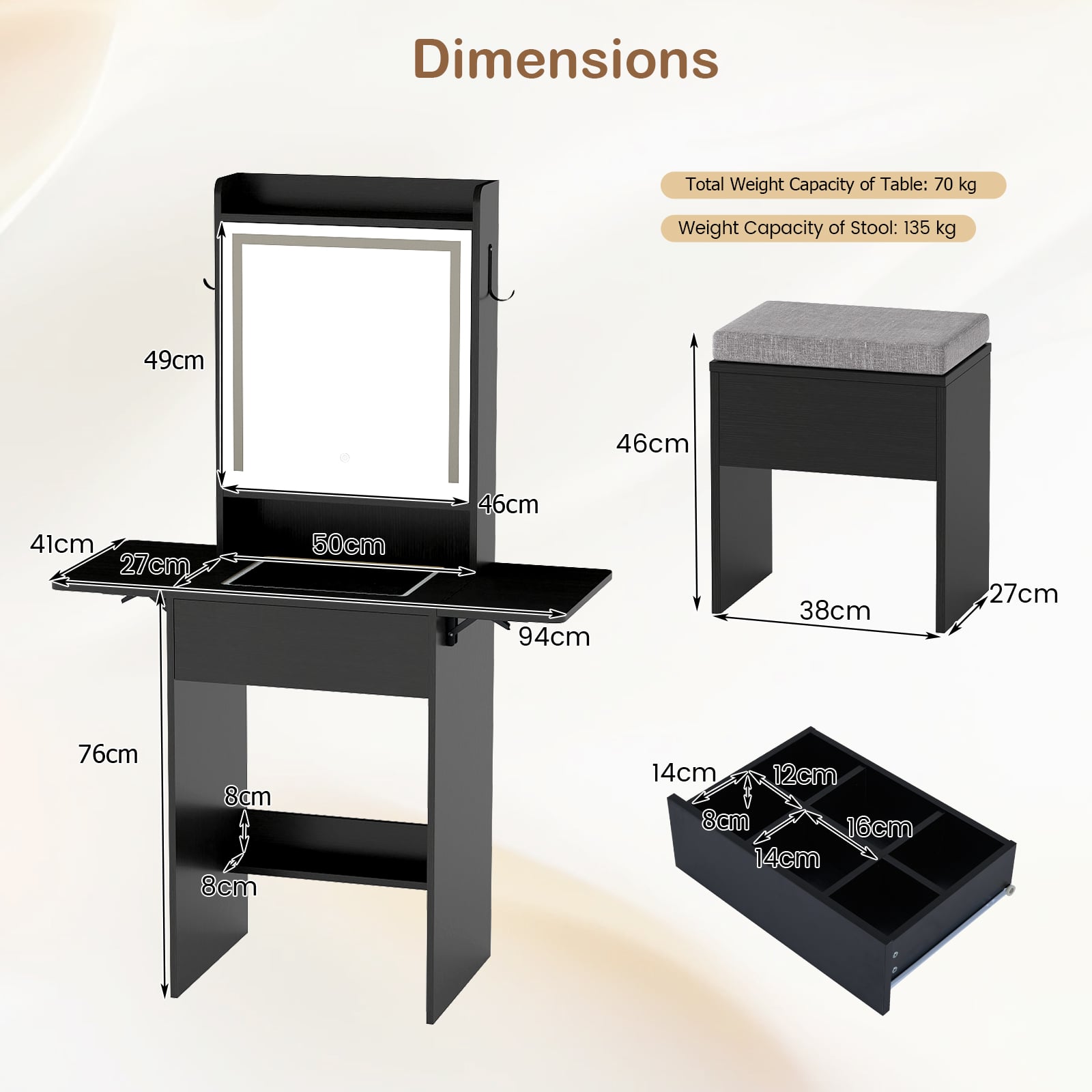 Compact Makeup Dressing Table with Visible Glass Top and Power Outlets-Black