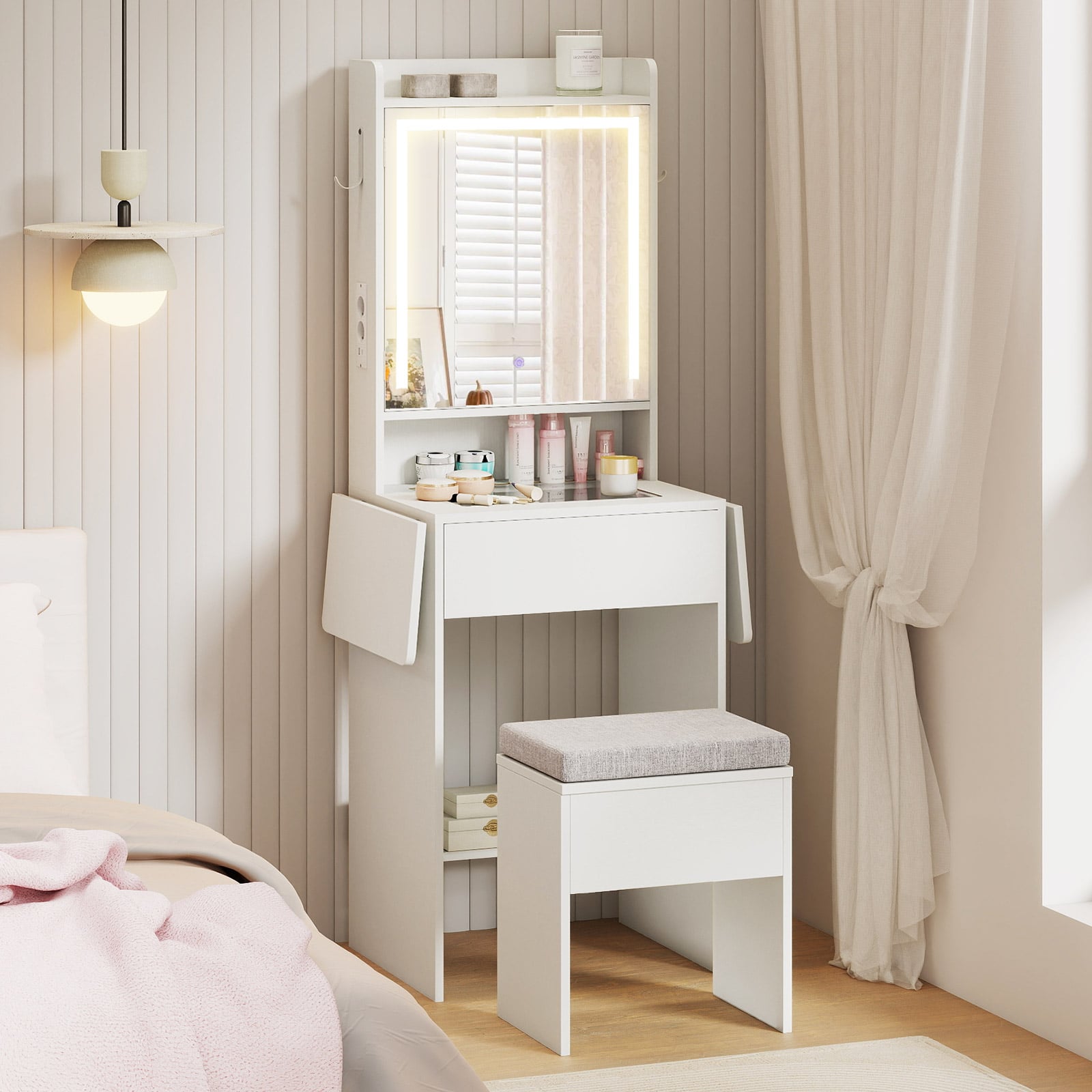 Compact Makeup Dressing Table with Visible Glass Top and Power Outlets-White