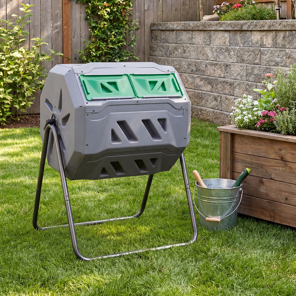 Compost Bin 160L Dual Chamber Composting Tumbler with Sliding Doors-Grey
