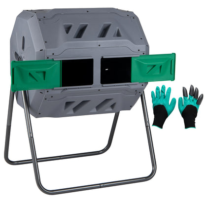 Compost Bin 160L Dual Chamber Composting Tumbler with Sliding Doors-Grey