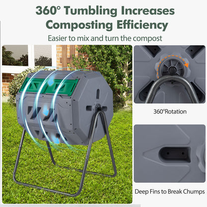 Compost Bin 160L Dual Chamber Composting Tumbler with Sliding Doors-Grey