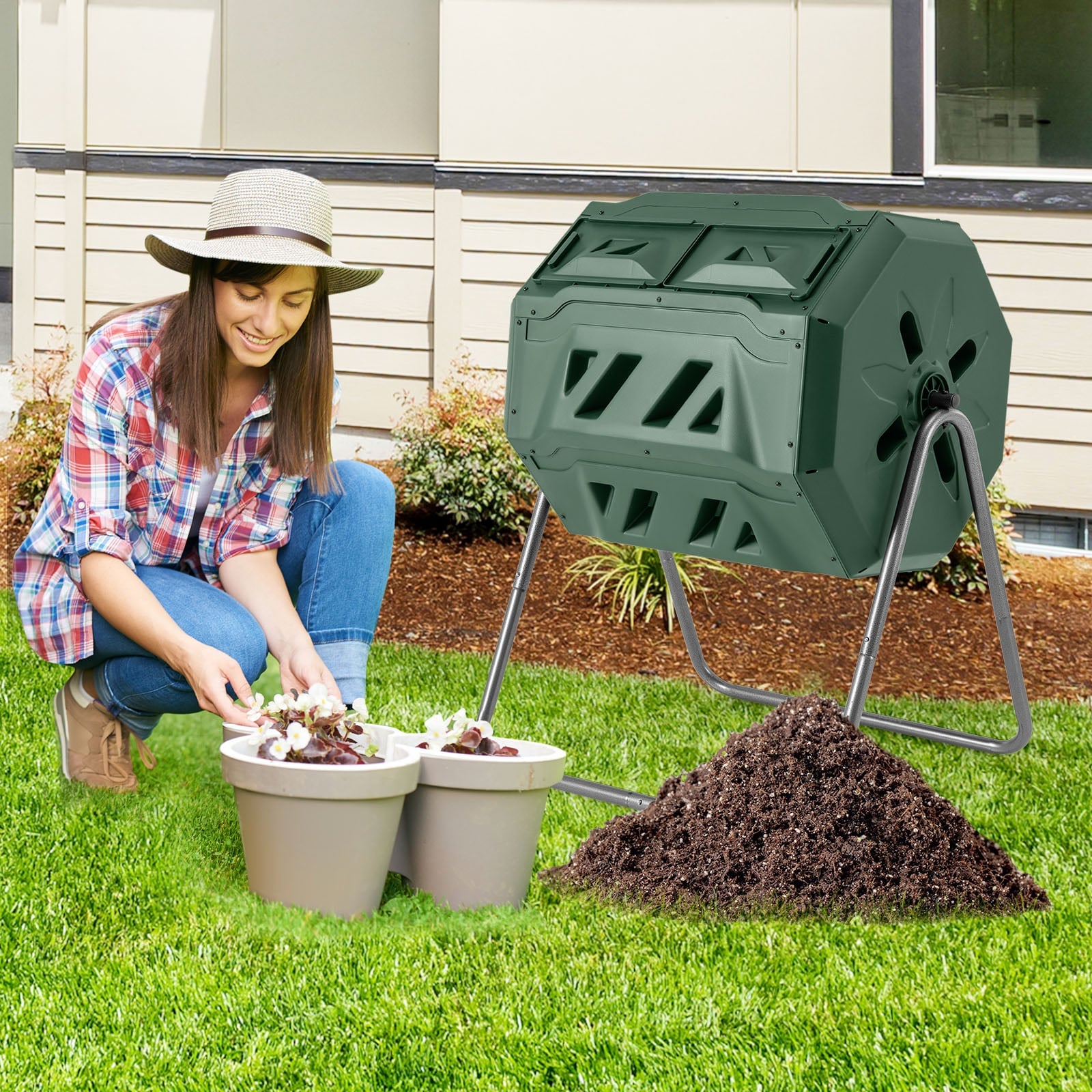 Compost Bin 160L Dual Chamber Composting Tumbler with Sliding Doors-Green
