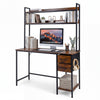 Computer Desk with Hutch Reversible Executive Desk with Fabric Drawers and Metal Frame-Rustic Brown