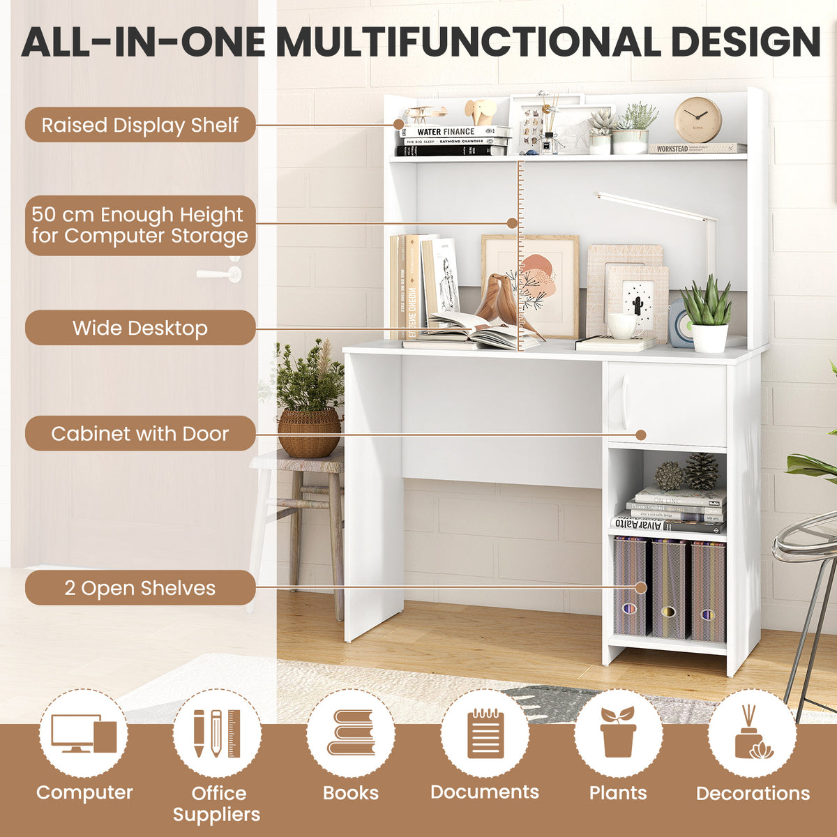 Computer Desk with Hutch and 2 Open Shelves for Home Office-White