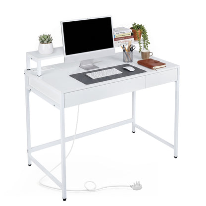 Computer Desk with Power Outlets Compact Office Desk with Removable Monitor Stand-White