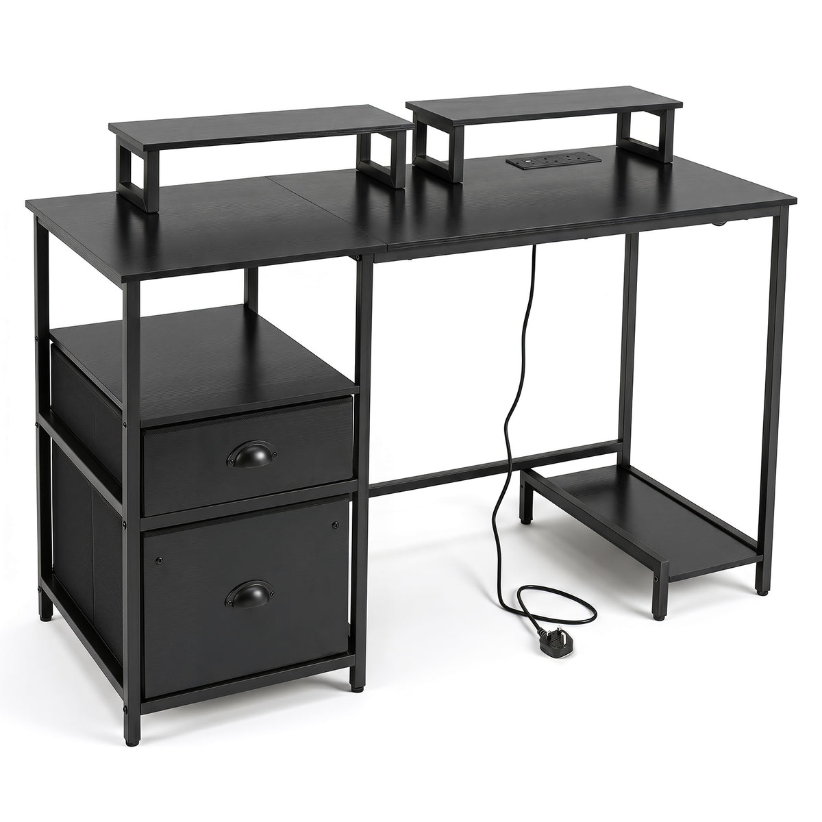 Computer Desk with Power Outlets with 2 Monitor Shelves and CPU Stand-Black