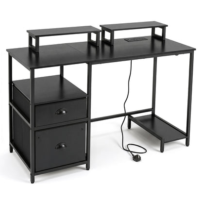Computer Desk with Power Outlets with 2 Monitor Shelves and CPU Stand-Black