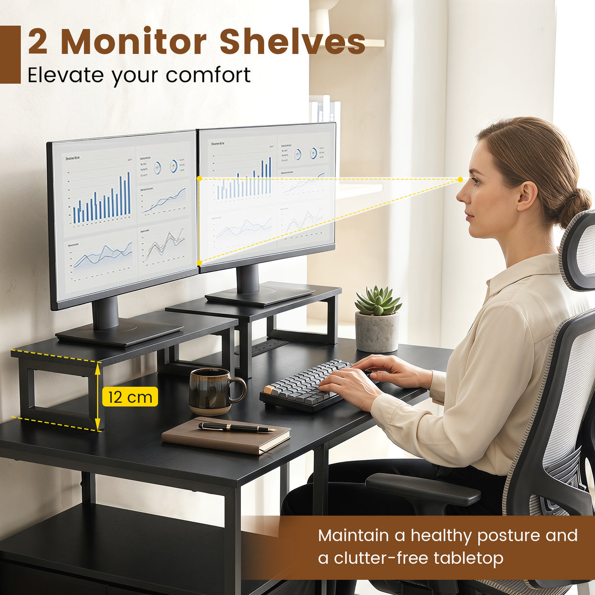 Computer Desk with Power Outlets with 2 Monitor Shelves and CPU Stand-Black