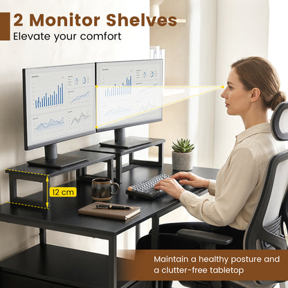 Computer Desk with Power Outlets with 2 Monitor Shelves and CPU Stand-Black