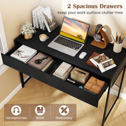 Computer Desk with 2 Drawers Vanity Table with Heavy-Duty Metal Frame-Black