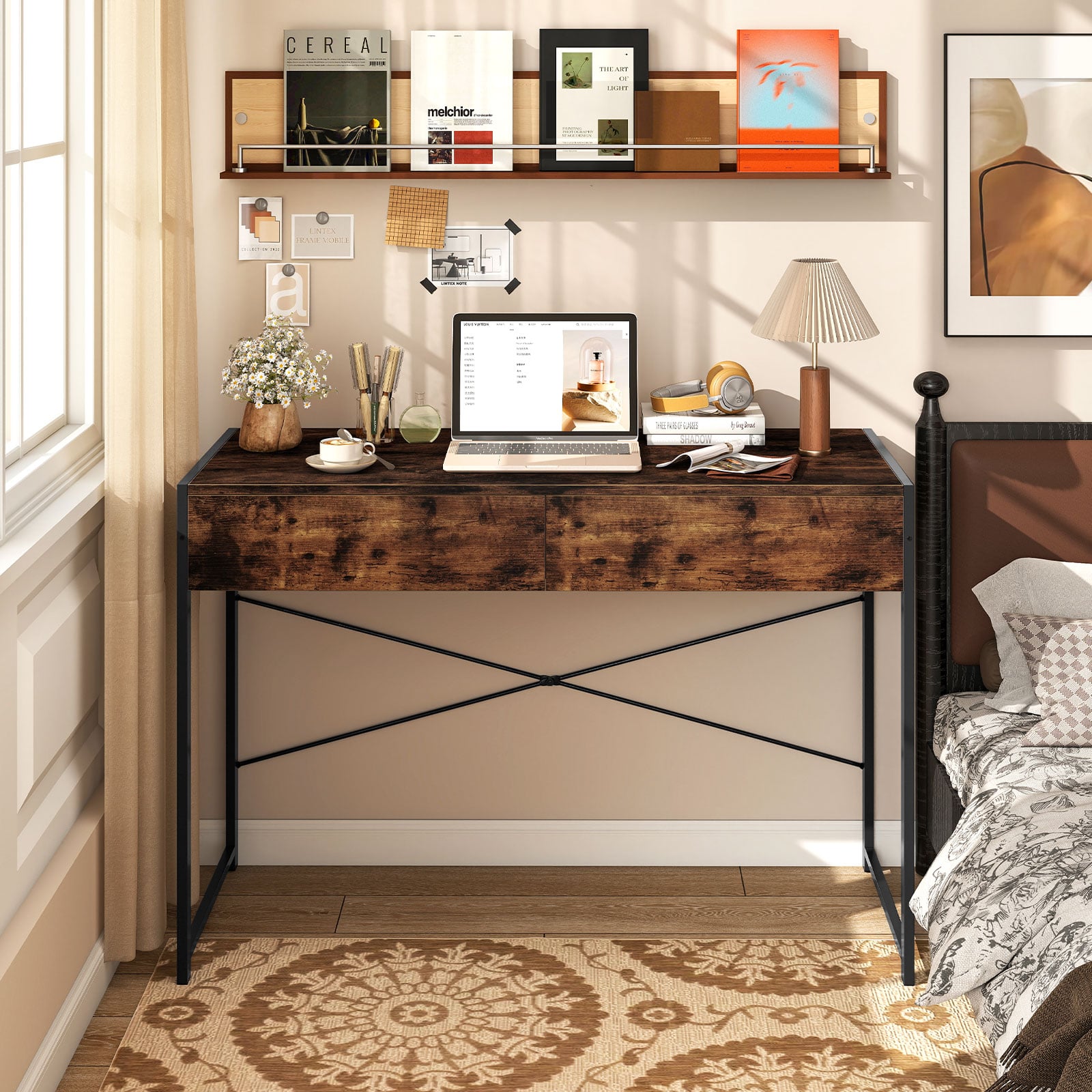 Computer Desk with 2 Drawers Vanity Table with Heavy-Duty Metal Frame-Rustic Brown