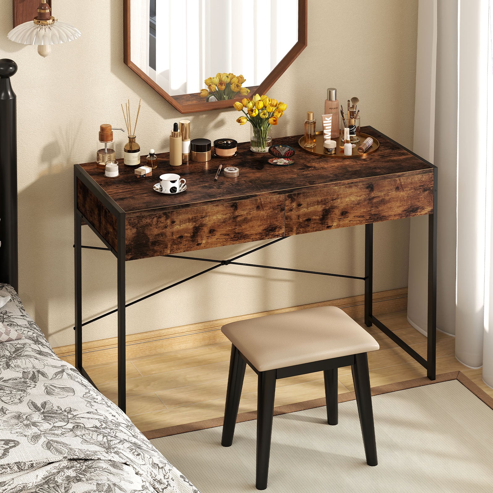 Computer Desk with 2 Drawers Vanity Table with Heavy-Duty Metal Frame-Rustic Brown